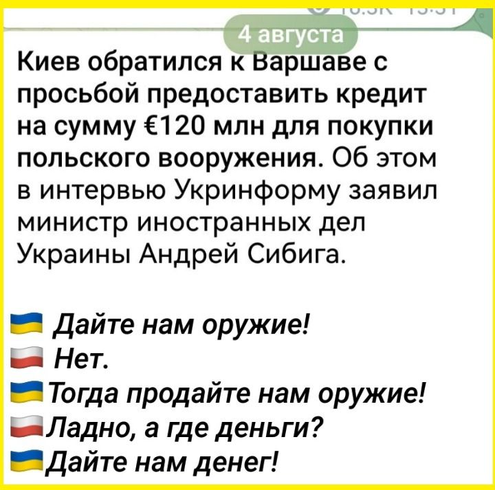 Киев обратился к Варшаве с просьбой предоставить кредит на сумму €120 млн для покупки польского вооружения. Об этом в интервью Укринформу заявил министр иностранных дел Украины Андрей Сибига.

🇺🇦 Дайте нам оружие!
❌ Нет.
🇵🇱 Тогда продайте нам оружие!
💰 Ладно, а где деньги?
🇺🇦 Дайте нам денег!