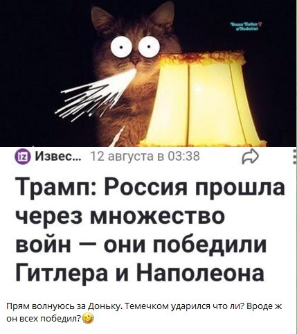 Трамп: Россия прошла через множество войн — они победили Гитлера и Наполеона
Прям волнуюсь за Доньку. Темечком ударился что ли? Вроде ж он всех победил? 🤔