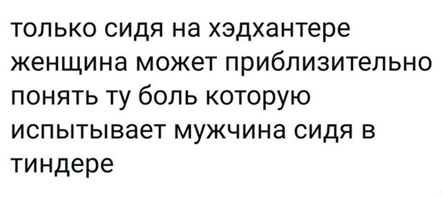 только сидя на хэдхантере женщина может приблизительно понять ту боль которую испытывает мужчина сидя в тиндере