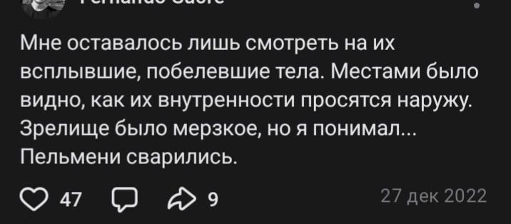 Мне оставалось лишь смотреть на их всплывшие, побелевшие тела. Местами было видно, как их внутренности проскакивают наружу. Зрелище было мерзкое, но я понимал... Пельмени сварились.