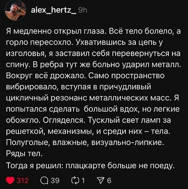 Я медленно открыл глаза. Всё тело болело, а горло пересохло. Хватившись за цепь у изголовья, я заставил себя перевернуться на спину. В ребра тут же больно ударил металл. Вокруг всё дрожало. Само пространство вибрировало, вступая в причудливый циклический резонанс металлических масс. Я пытался сделать большой вдох, но легкое обожгло. Огляделся. Тусклый свет лил с решеток, механизмов, и среди них – тела. Полуголые, влажные, визуально-липкие. Ряды тел. Тогда я решил: плакате больше не поеду.