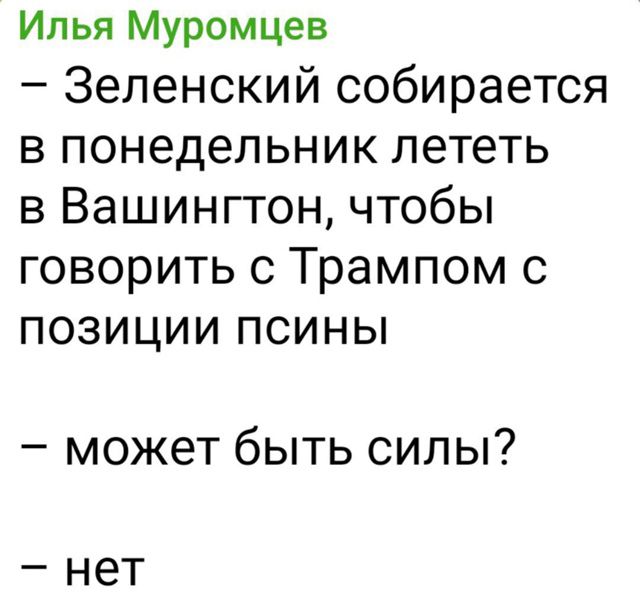 – Зеленский собирается в понедельник лететь в Вашингтон, чтобы говорить с Трампом с позиции псины

– может быть силы?

– нет