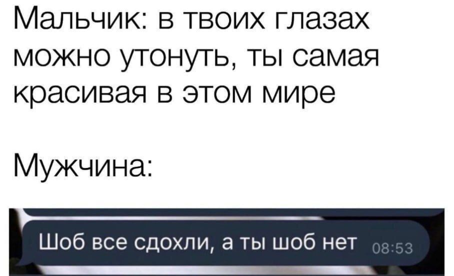 Мальчик: в твоих глазах можно утонуть, ты самая красивая в этом мире
Мужчина:
Шоб все сдохли, а ты шоб нет
