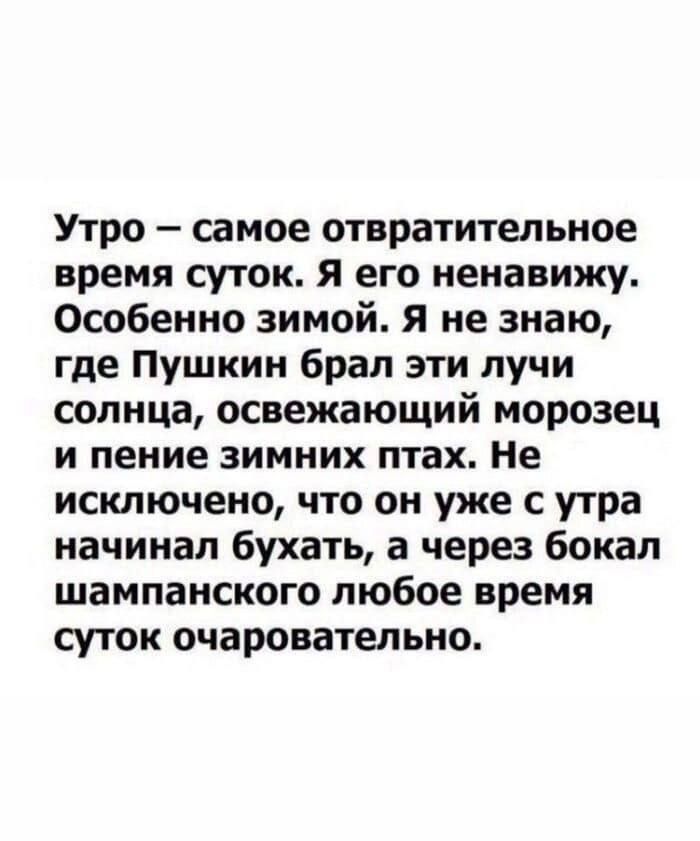 Утро – самое отвратительное время суток. Я его ненавижу. Особенно зимой. Я не знаю, где Пушкин брал эти лучи солнца, освежающий морозец и пение зимних птиц. Не исключено, что он уже с утра начинал бухатть, а через бокал шампанского любое время суток очаровательно.