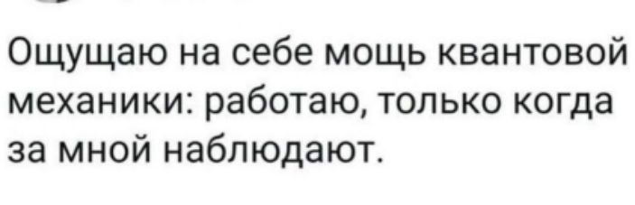 Ощущаю на себе мощь квантовой механики: работаю, только когда за мной наблюдают.