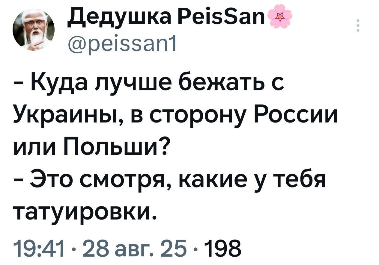 - Куда лучше бежать с Украины, в сторону России или Польши?
- Это смотря, какие у тебя татуировки.
19:41 28 авг. 25 198