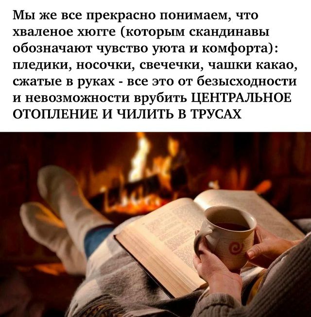 Мы же все прекрасно понимаем, что хваленое хюге (которым скандинавы обозначают чувство уюта и комфорта): пледики, носочки, свечечки, чашки какая, сжатые в руках - все это от бессмысленности и невозможности рубить ЦЕНТРАЛЬНОЕ ОТОПЛЕНИЕ И ЧИЛИТЬ В ТРУСАХ