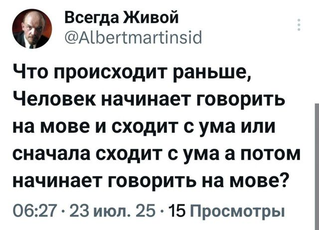 Что происходит раньше, Человек начинает говорить на мове и сходит с ума или сначала сходит с ума а потом начинает говорить на мове?