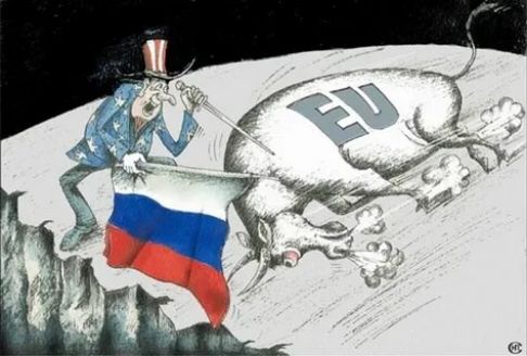 Статья содержит политическую карикатуру, изображающую человека в шляпе с флагом США и корову с логотипом ЕС.