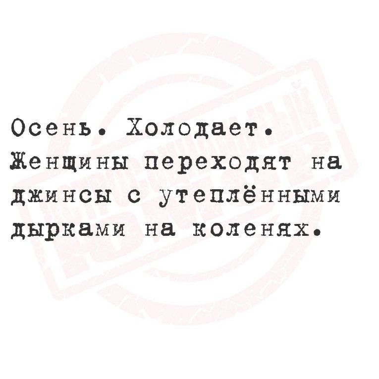 Осень. Холодает. Женщины переходят на джинсы с утеплёнными дырками на коленях.