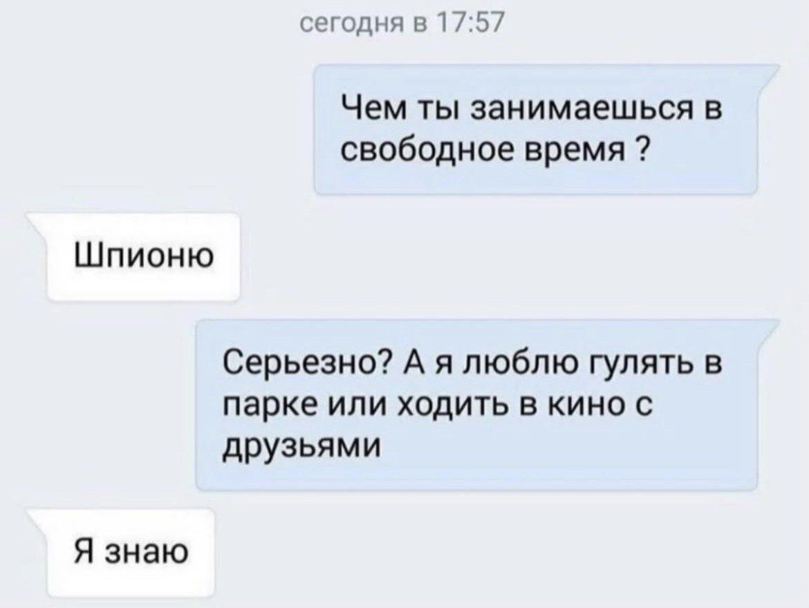 Чем ты занимаешься в свободное время ?
Шпионю
Серьезно? А я люблю гулять в парке или ходить в кино с друзьями
Я знаю