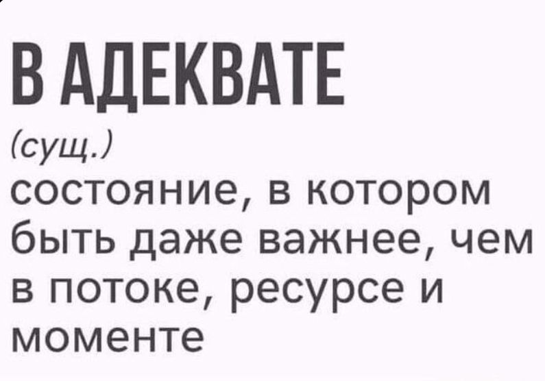 В АДЕКВАТЕ
(сущ.)
состояние, в котором быть даже важнее, чем в потоке, ресурсе и моменте