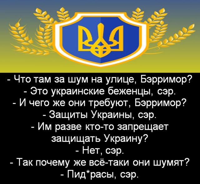 - Что там за шум на улице, Бэрримор?
- Это украинские беженцы, сэр.
- И чего же они требуют, Бэрримор?
- Защиты Украины, сэр.
- Им разве кто-то запрещает защищать Украину?
- Нет, сэр.
- Так почему же всё-таки они шумят?
- Пид*расы, сэр.