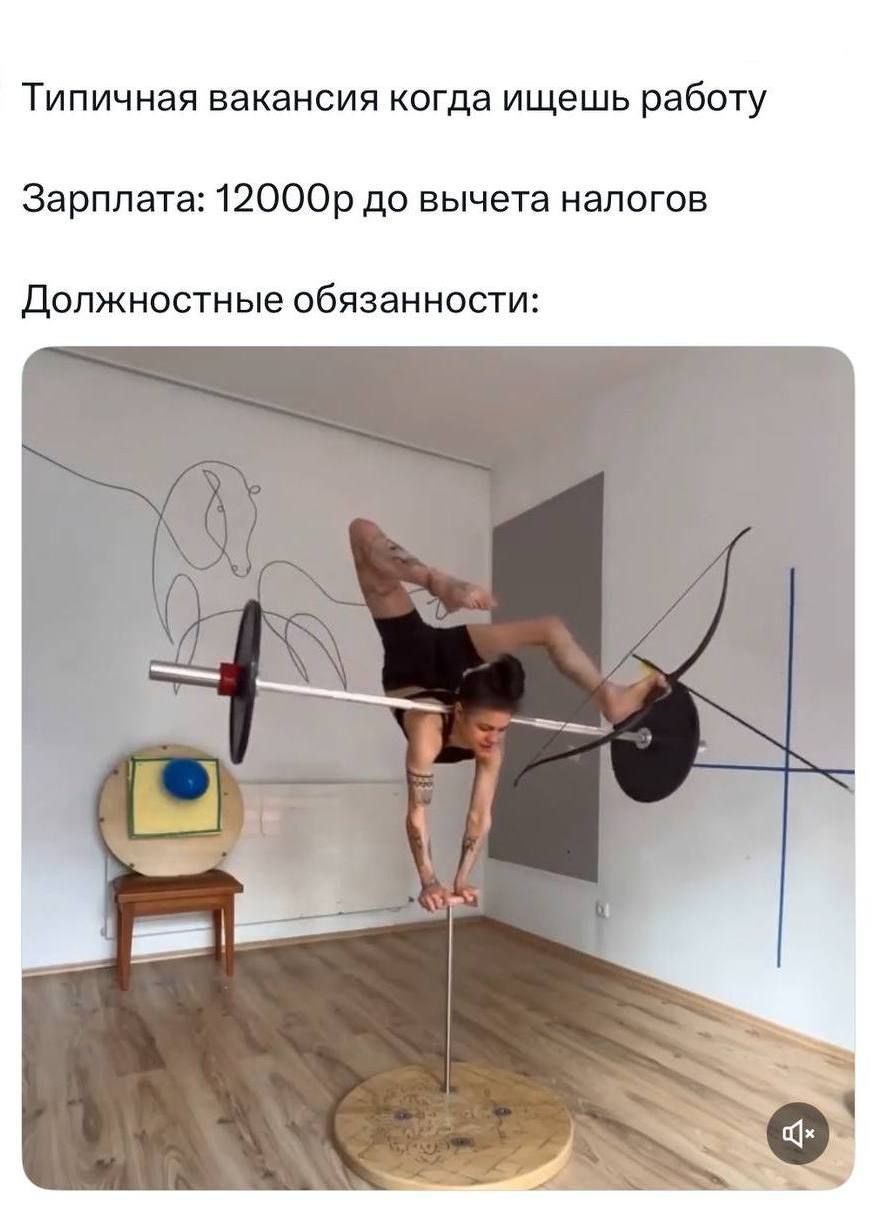 Типичная вакансия когда ищешь работу
Зарплата: 12000р до вычета налогов
Должностные обязанности:
