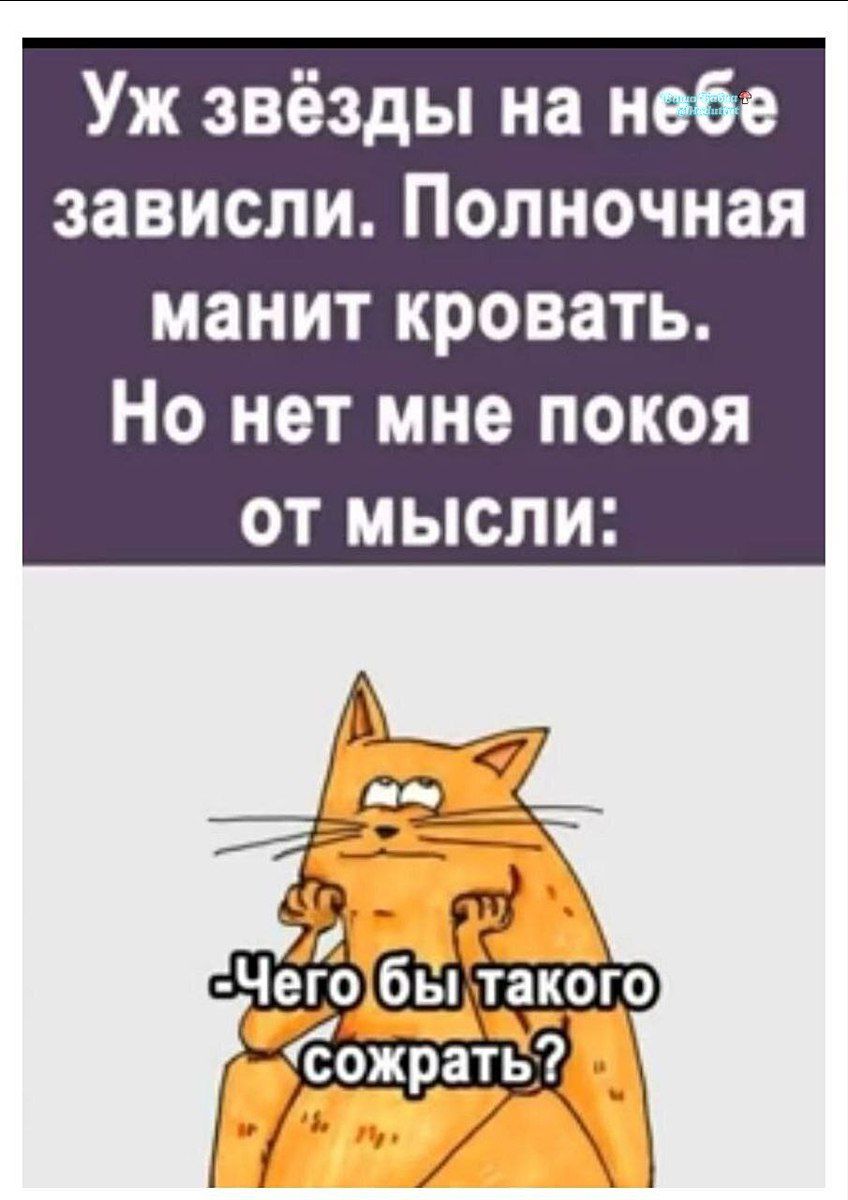 Уж звёзды на небе зависли. Полночная манит кровать. Но нет мне покоя от мысли: - Чего бы такого сожрать?