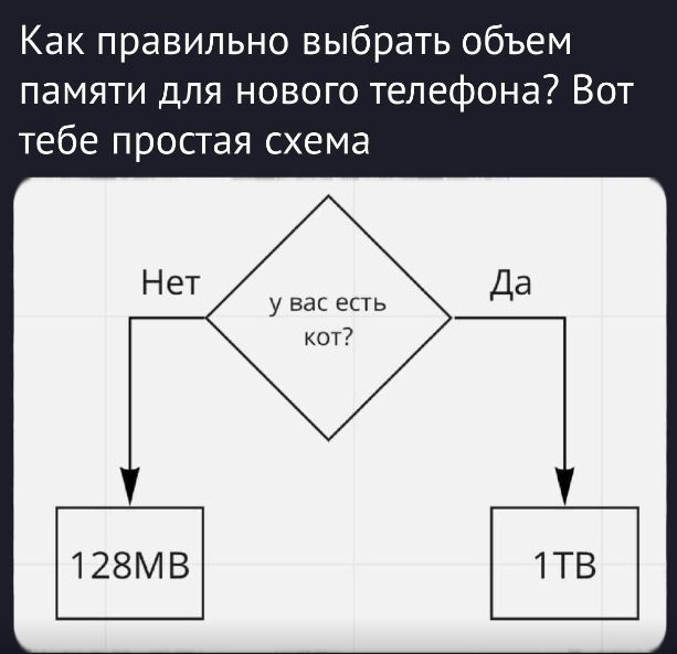 Как правильно выбрать объем памяти для нового телефона? Вот тебе простая схема

                       ┌──────────────┐
                       │  у вас есть кот? │
                       └──────┬───────┘
                              │
                 ┌────────────┴─────┐
                 │                  │
              Нет                  Да
                 │                  │
           ┌─────┴─────┐      ┌────┴─────┐
           │  128 MB  │      │   1 TB   │
           └───────────┘      └───────────┘
