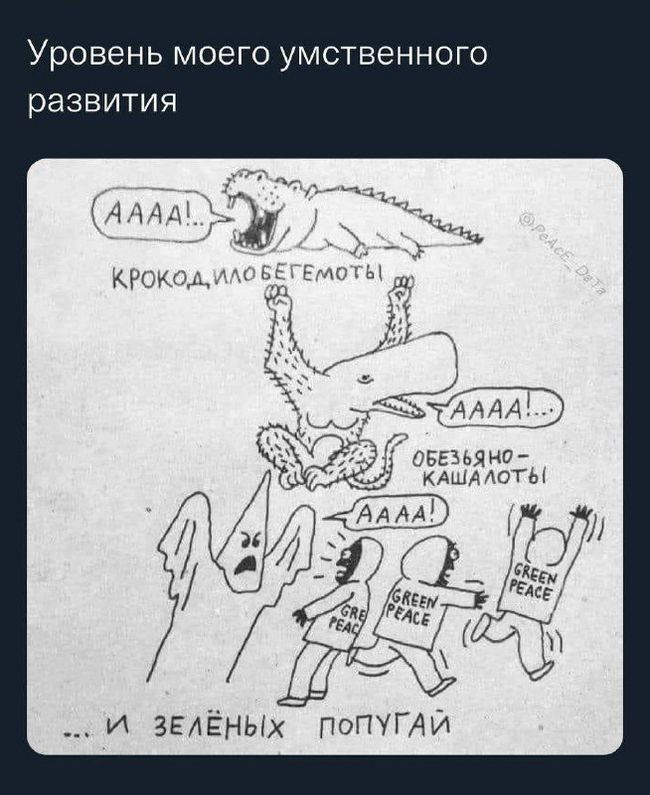 Уровень моего умственного развития
AAAA!...
КРОКОДИЛОБЕГЕМоты
AAAA!... Обезьяно-кашалоты
AAAA!
... И зелёных попугаев

GREEN PEACE
GREEN PEACE
