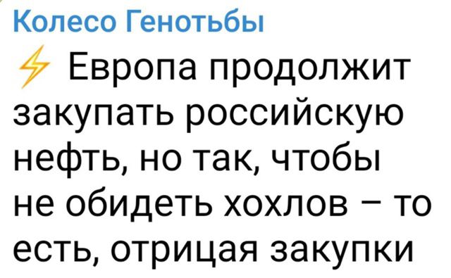 Колесо Генотобы
⚡ Европа продолжит закупать российскую нефть, но так, чтобы не обидеть хохлов – то есть, отрицая закупки.