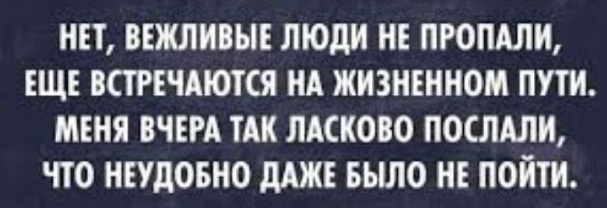НЕТ, ВЕЖЛИВЫЕ ЛЮДИ НЕ ПРОПАЛИ, ЕЩЕ ВСТРЕЧАЮТЬСЯ НА ЖИЗНЕННОМ ПУТИ. МЕНЯ ВЧЕРА ТАК ЛАСКОВО ПОСЛАЛИ, ЧТО НЕУДОБНО ДАЖЕ БЫЛО НЕ ПОЙТИ.