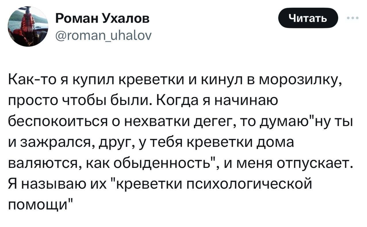 Как-то я купил креветки и кинул в морозилку, просто чтобы были. Когда я начинаю беспокоиться о нехватке денег, то думаю: 