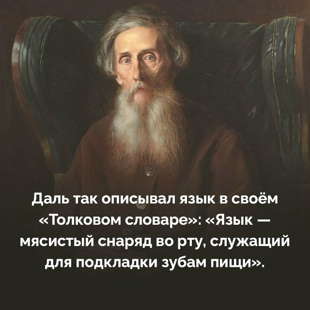 Даль так описывал язык в своём «Толковом словаре»: «Язык — мясистый снаряд во рту, служащий для подкладки зубам пищи».