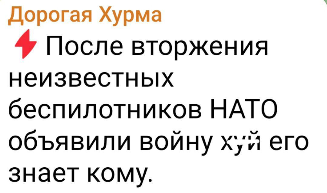 Дорогая Хурма

⚡После вторжения неизвестных беспилотников НАТО объявили войну хуй его знает кому.