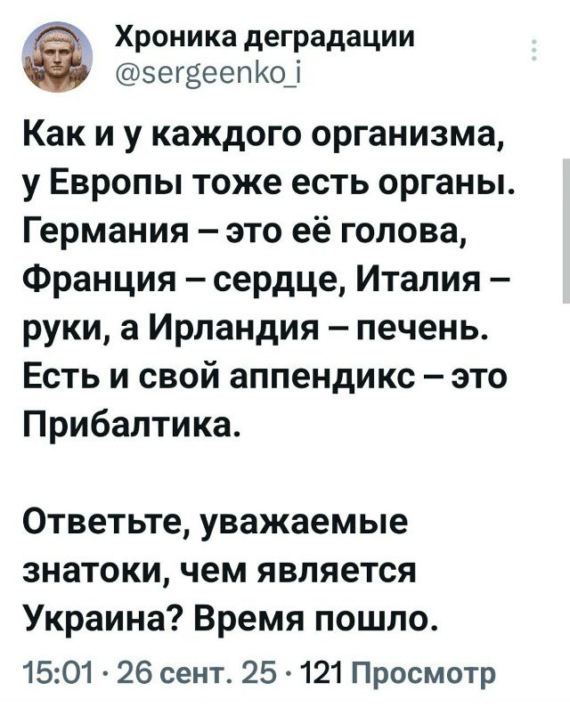 Как и у каждого организма, у Европы тоже есть органы. Германия – это её голова, Франция – сердце, Италия – руки, а Ирландия – печень. Есть и свой аппендикс – это Прибалтика.

Ответьте, уважаемые знатоки, чем является Украина? Время пошло.