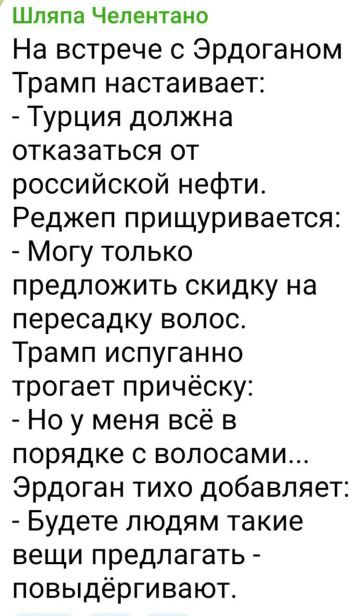 На встрече с Эрдоганом Трамп настаивает:
- Турция должна отказаться от российской нефти.
Реджеп прищуривается:
- Могу только предложить скидку на пересадку волос.
Трамп испуганно трогает причёску:
- Но у меня всё в порядке с волосами...
Эрдоган тихо добавляет:
- Будете людям такие вещи предлагать - повыдёргивают.