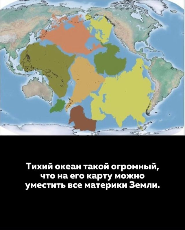 Тихий океан такой огромный, что на его карту можно уместить все материки Земли.