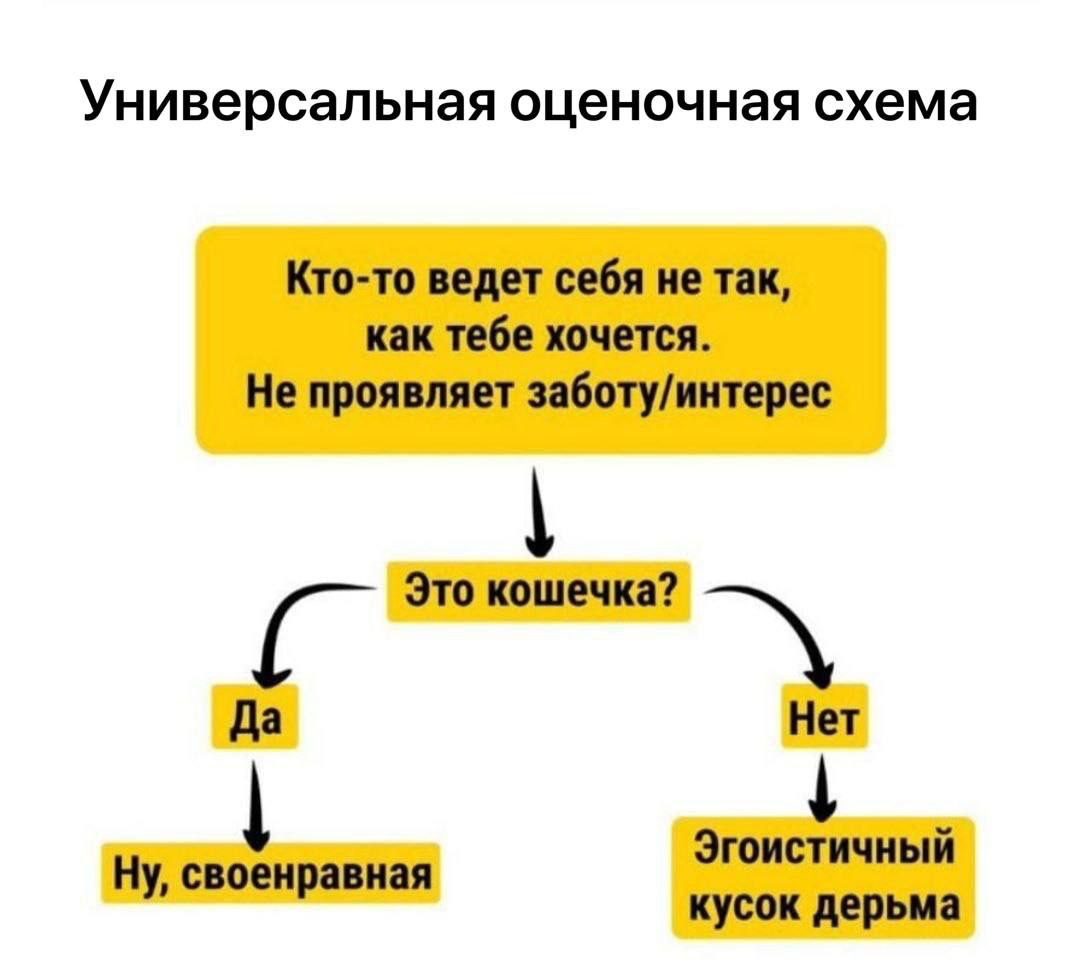 Универсальная оценочная схема
Кто-то ведет себя не так, как тебе хочется.
Не проявляет заботу/интерес

Это кошечка?

Да

Ну, своленравная

Нет

Эгоистичный кусок дерьма