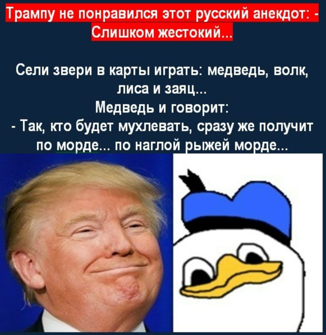 Трампу не понравился этот русский анекдот: - Слишком жестокий... Сели звери в карты играть: медведь, волк, лиса и заяц... Медведь и говорит: - Так, кто будет мухлевать, сразу же получит по морде... по наглой рыжей морде...