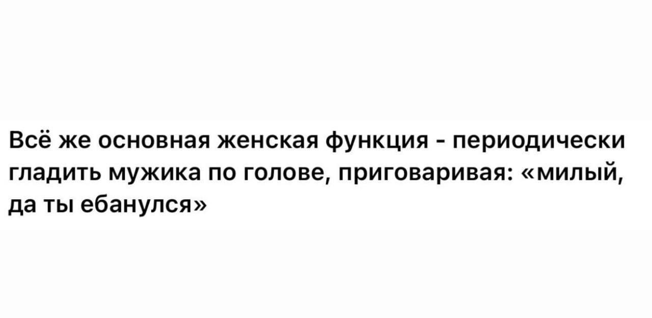 Всё же основная женская функция - периодически гладить мужика по голове, приговаривая: «милый, да ты ебанулся»