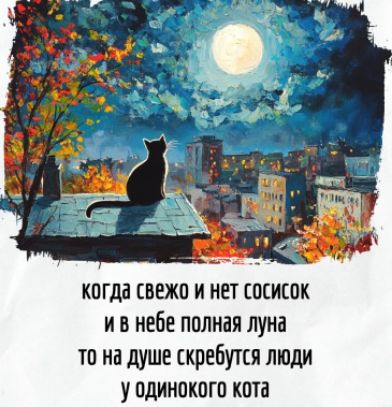 когда свежо и нет сосисок
и в небе полная луна
то на душе скребутся люди
у одинокого кота