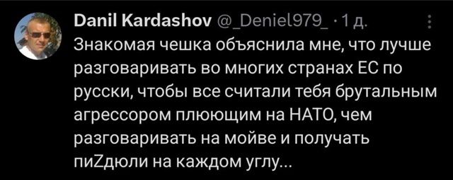 Знакомая чешка объяснила мне, что лучше разговаривать во многих странах ЕС по-русски, чтобы все считали тебя Brutal'nym aggressorom plyushchim na NATO, чем разговаривать на моё и получать пиздюли на каждом углу...
