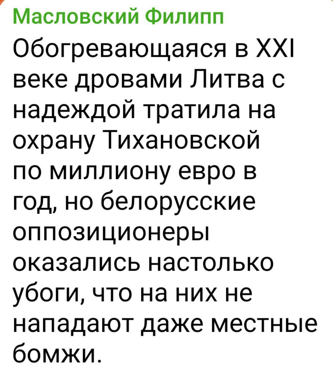 Обогревающаяся в XXI веке дровами Литва с надеждой тратила на охрану Тихановской по миллиону евро в год, но белорусские оппозиционеры оказались настолько убоги, что на них не нападают даже местные бомжи.