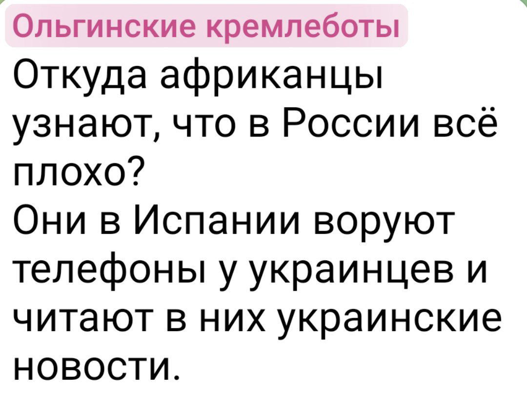 Откуда африканцы узнают, что в России всё плохо? Они в Испании воруют телефоны у украинцев и читают в них украинские новости.