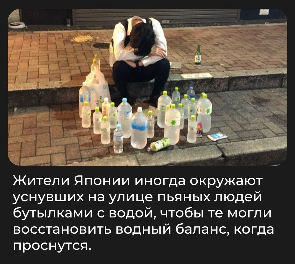 Жители Японии иногда окружают уснувших на улице пьяных людей бутылками с водой, чтобы те могли восстановить водный баланс, когда проснутся.