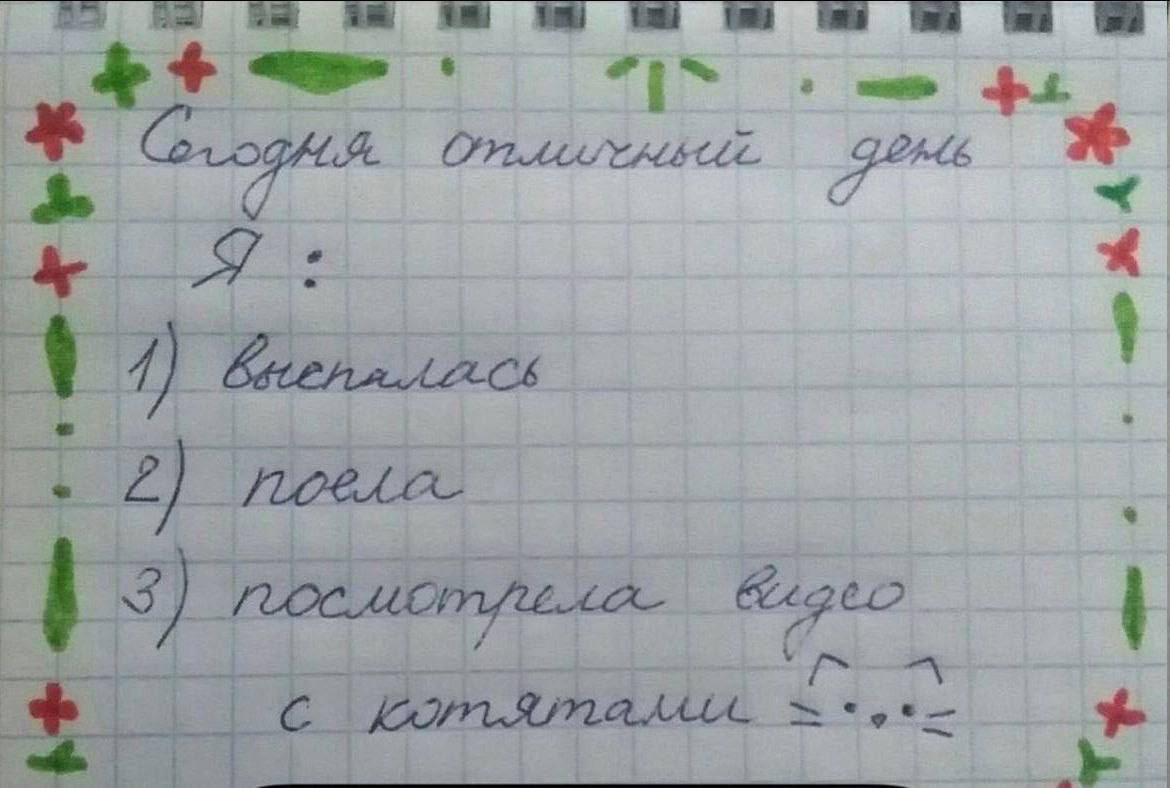 Сегодня отличный день
Я :
1) выспалась
2) поела
3) посмотрела видео с котятами