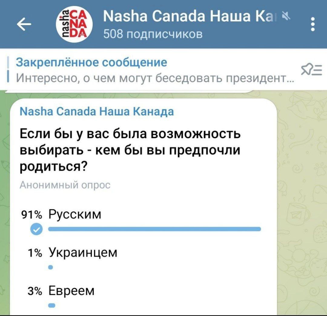 Если бы у вас была возможность выбрать - кем бы вы предпочли родиться?
Анонимный опрос
91% Русским
1% Украинцем
3% Евреем