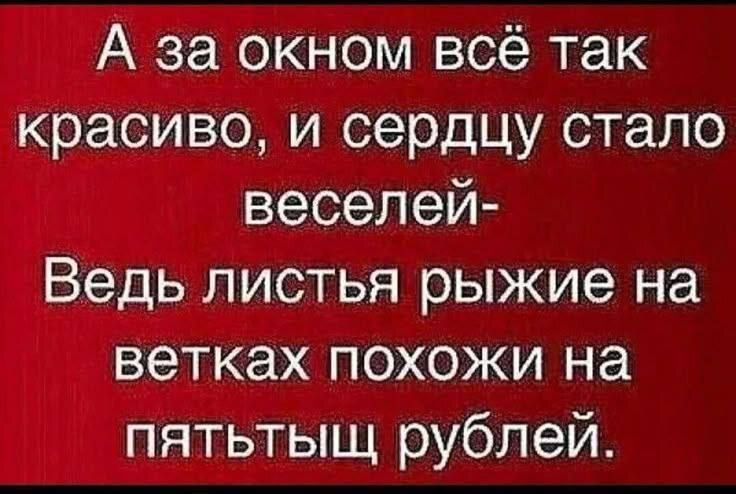 А за окном всё так красиво, и сердцу стало веселей-
Ведь листья рыжие на ветках похожи на пятитыщ рублей.