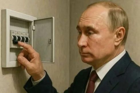 На фото мужчина в деловом костюме нажимает на выключатель или панель управления, расположенную на стене.