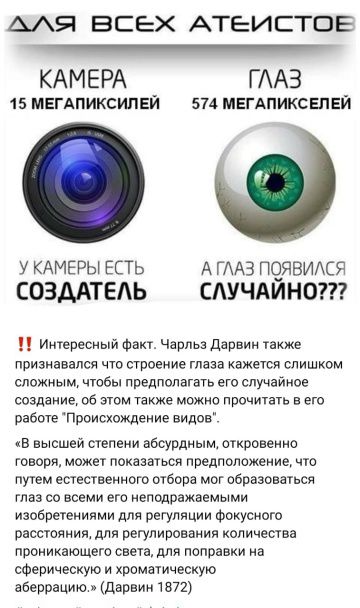 ДЛЯ ВСЕХ АТЕИСТОВ

КАМЕРА 15 МЕГАПИКСЕЛЕЙ        ГЛАЗ 574 МЕГАПИКСЕЛЕЙ

У КАМЕРЫ ЕСТЬ СОЗДАТЕЛЬ       А ГЛАЗ ПОЯВИЛСЯ СЛУЧАЙНО???

!! Интересный факт. Чарльз Дарвин также признавался что строение глаза кажется слишком сложным чтобы предполагать его случайное создание, об этом также можно прочитать в его работе 