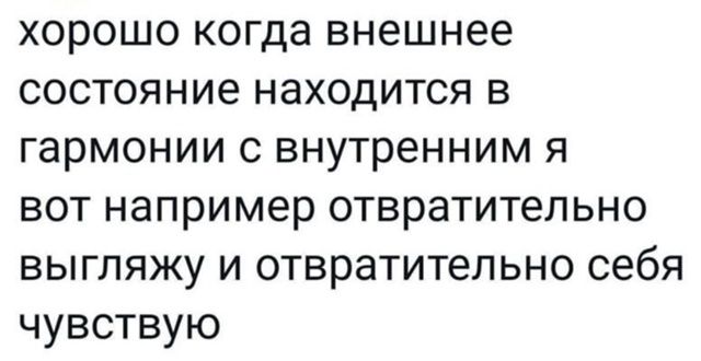 хорошо когда внешнее состояние находится в гармонии с внутренним я вот например отвратительно выгляжу и отвратительно себя чувствую