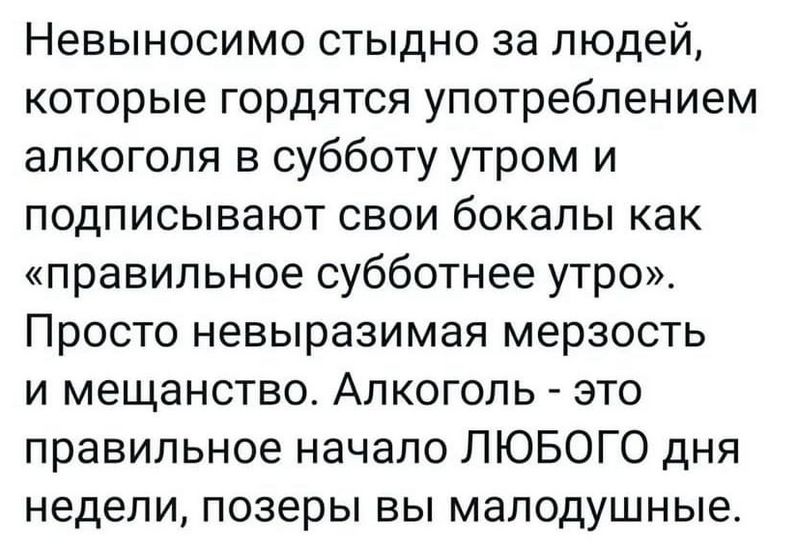 Невыносимо стыдно за людей, которые гордятся употреблением алкоголя в субботу утром и подписывают свои бокалы как «правильное субботнее утро». Просто невыразимая мерзость и мещанство. Алкоголь - это правильное начало ЛЮБОГО дня недели, позеры вы малодушные.