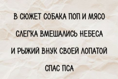 В сюжете собака поп и мясо
Слегка вмешались небеса
И рыжий внук своей лопатой
Спас пса