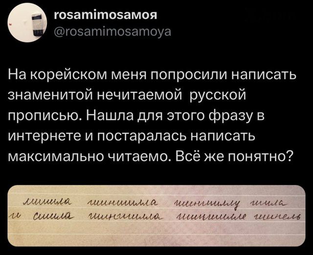 На корейском меня попросили написать знаменитой не читаемой русской прописью. Нашла для этого фразу в интернете и постаралась написать максимально читаемо. Всё же понятно?