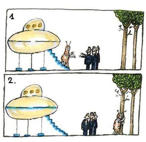 Комикс: летающий аппарат-инопланетянин и люди, две панели, юмористическая сцена.