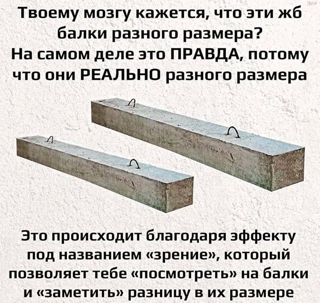 Твоему мозгу кажется, что эти жб балки разного размера? На самом деле это ПРАВДА, потому что они РЕАЛЬНО разного размера. Это происходит благодаря эффекту под названием «зрение», который позволяет тебе «посмотреть» на балки и «заметить» разницу в их размере