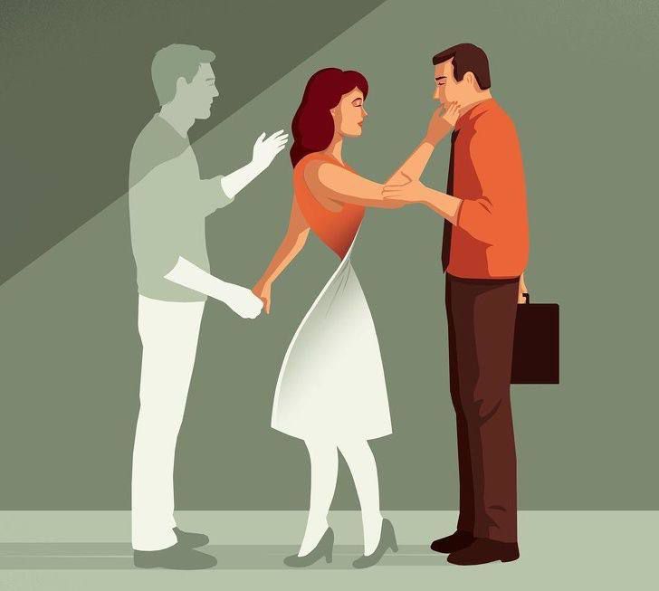 Иллюстрация пары и призрачная фигура позади, сцена напоминает память или прошлое.