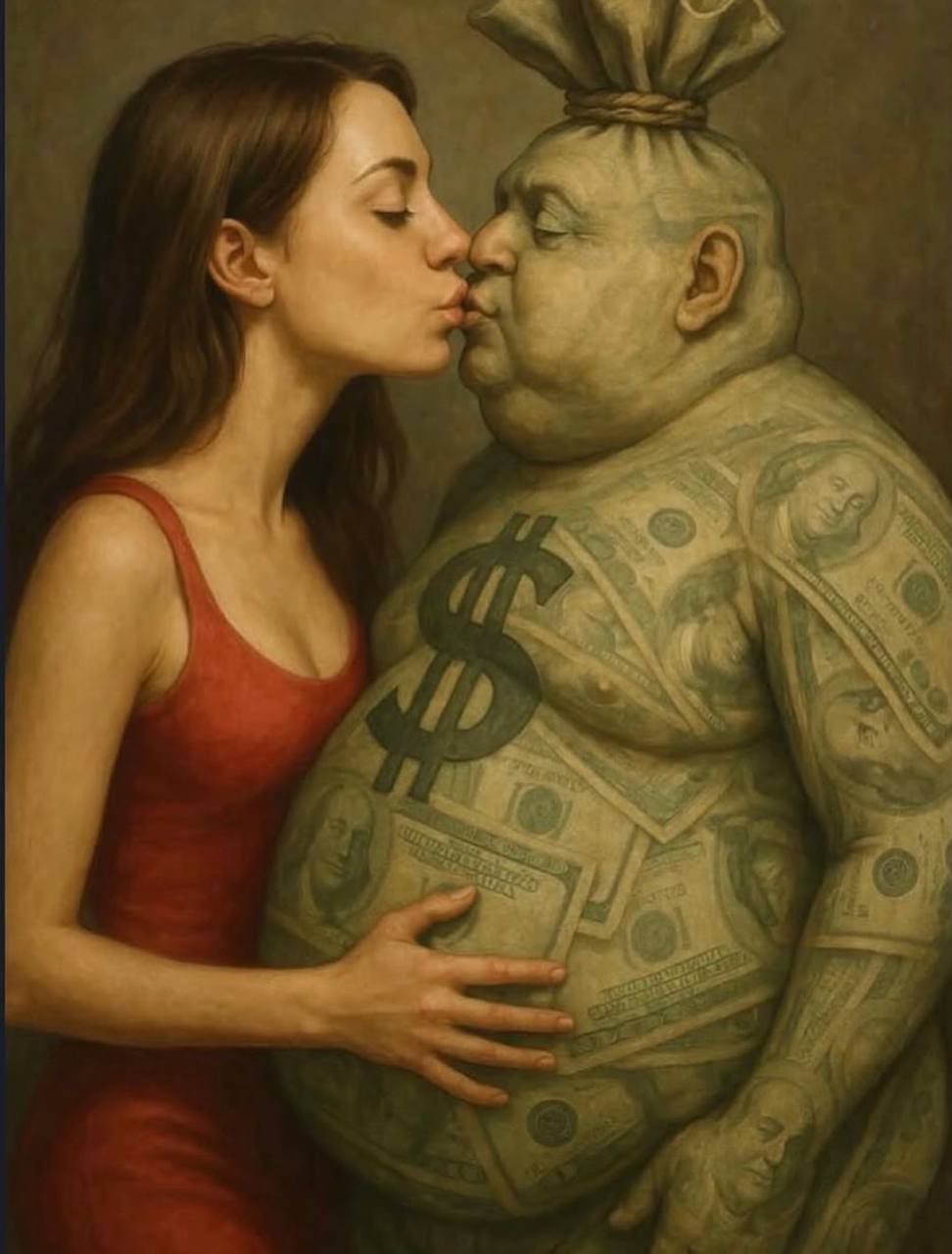 Женщина целуется с мужчиной, чьё тело покрыто татуировками денег